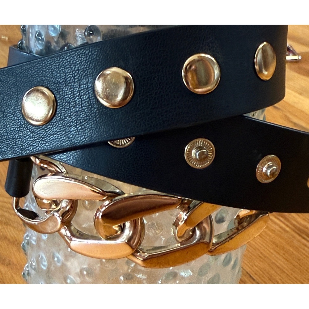 Black Faux Leather Waist Belt with Gold Chunky Curb Chain Link Detail Snap Back